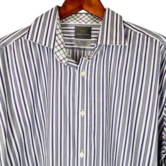 Thomas Dean Dress Shirt Size XL White Purple Grey Stripes Flip Collar Cuffs TD - Picture 2 of 8